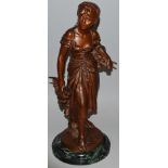 MATHURIN MOREAU (1822-1912) FRENCH A GOOD LARGE STANDING BRONZE OF A YOUNG LADY carrying a chicken