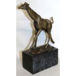 MILO A BRONZE RUNNING GIRAFFE. Signed. 7.5ins high, on a marble plinth.