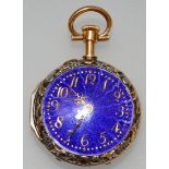 A MINIATURE GOLD AND BLUE ENAMEL FOB WATCH.