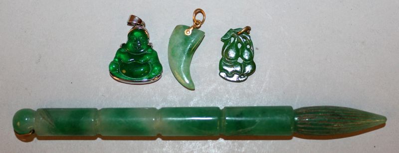 THREE CHINESE JADE-LIKE EARRINGS, with gold-metal and silver-metal fittings; together with an