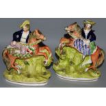 A PAIR OF STAFFORDSHIRE GROUPS, YOUNG LADIES AND GENTLEMEN RIDING PONIES. 7ins high (one AF).