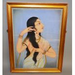 INDIAN SCHOOL Half length watercolour portrait of a young lady holding her hair. 20ins x 15ins.