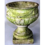 A RECONSTITUTED STONE PEDESTAL JARDINIERE OF CLASSICAL FORM. 1ft 5ins high.