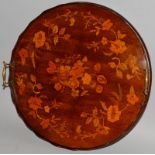 A GOOD EDWARDIAN MAHOGANY INLAID CIRCULAR TWO HANDLED TRAY with raised body and brass handles. 19ins