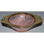 A ROSE QUARTZ SILVER TWO HANDLED QUAICH.  Stamped W. BALLINS, No. S826. 4ins wide.