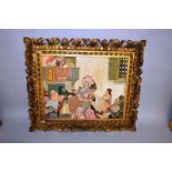 A 19TH CENTURY HUNGARIAN COLLAGE PICTURE, a street party, in a gilt frame. 13.5ins x 17ins.