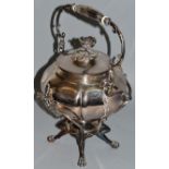 A VICTORIAN PLATE SPIRIT KETTLE ON STAND.