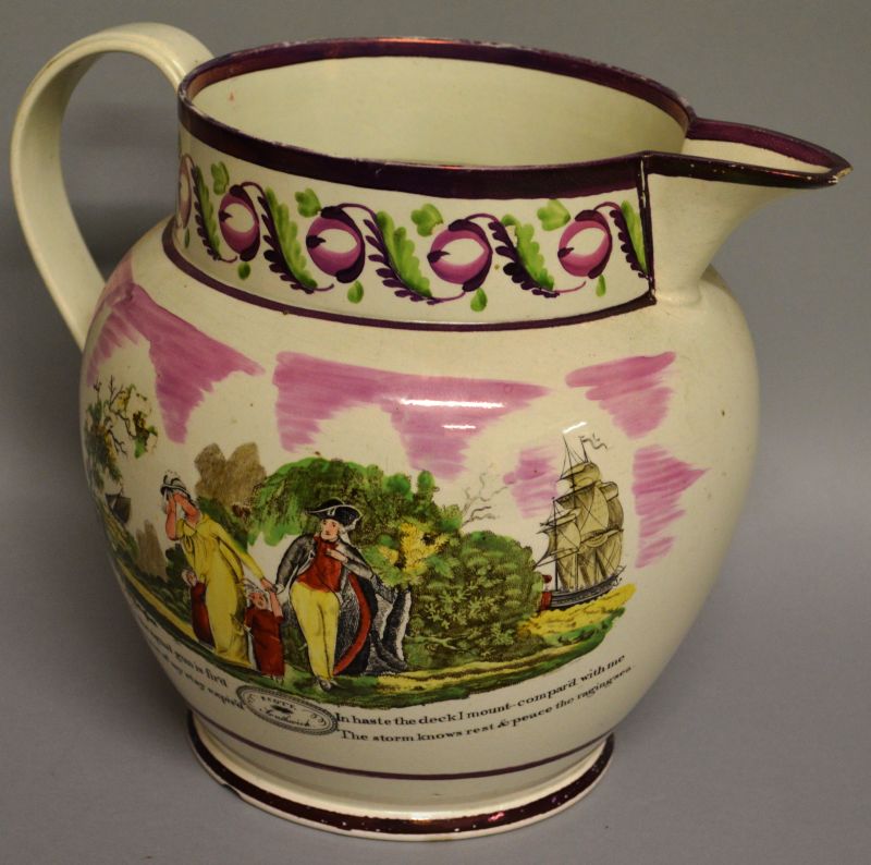 A MASONIC CREAMWARE JUG, “Scott Southwick”. 8ins high.