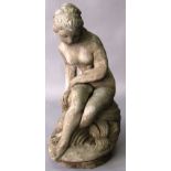 A RECONSTITUTED STONE FIGURE OF A SEATED FEMALE NUDE. 1ft 10ins high.