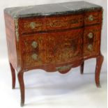 A FRENCH MARBLE TOP SERPENTINE FRONTED AND INLAID COMMODE with three inlaid long drawers with