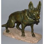 CHARLES CARTIER A LARGE BRONZE GERMAN SHEPHERD DOG. Signed on a stone base. 24ins long, 20ins high.