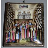 A SMALL EARLY RUSSIAN SILVER MOUNTED ENAMEL PLAQUE, one side with sixty four priests, the reverse