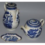 A WORCESTER FISHERMAN PATTERN BLUE AND WHITE COFFEE POT AND COVER, teapot and cover and shaped tray.