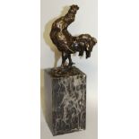 FRATIN A BRONZE COCKEREL. Signed. 5ins high, on a marble plinth.