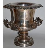 A PLATED TWO HANDLED URN SHAPED WINE COOLER decorated with fruiting vines.