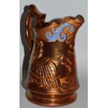 A VICTORIAN COPPER LUSTRE JUG decorated with ladies in relief. 7.5ins high.