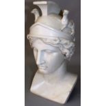 A VERY GOOD 19TH/20TH CENTURY LARGE ITALIAN CARVED WHITE MARBLE BUST OF A ROMAN, adorned with a