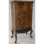 A REGENCY BLACK LACQUER AND CHINOISERIE DECORATED CABINET ON STAND, with a moulded cornice over