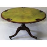 A GEORGE IV MAHOGANY GAMING TABLE, the circular tilt top inset with a gilt tooled playing surface