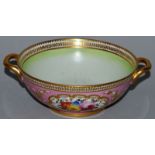 A SUPERB, POSSIBLY SPODE, TWO HANDLED CIRCULAR BOWL edge in gilt and panted with panels of