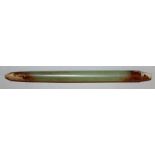 A CHINESE CELADON GREEN JADE-LIKE HAIR PIN ORNAMENT, it’s ends with brown and white inclusions, 3.