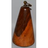 A LARGE TREEN FRUITWOOD TAPERING WEIGHT with brass carrying handle. 9.5ins high.