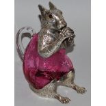 A GOOD SQUIRREL RUBY GLASS CLARET JUG with plated head, glass eyes and feet. 7ins high.