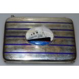 A SILVER AND BLUE ENAMEL CIGARETTE CARD CASE, Birmingham 1911, inset with an oval of a steam ship.