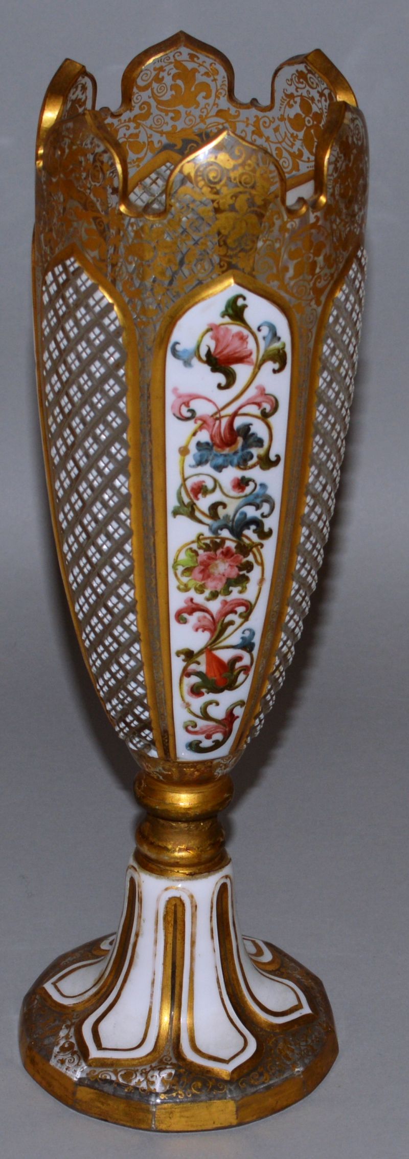 A BOHEMIAN GILT AND WHITE OVERLAY VASE painted with panels of flowers, 9.5ins high (AF) and a BLUE - Image 2 of 3