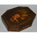 A GOOD VICTORIAN OCTAGONAL BOX AND COVER painted with cupids. 10.5ins wide.