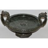 A GOOD 19TH CENTURY PORPHYRY TWO HANDLED PEDESTAL CIRCULAR COMPORT. 13ins diameter.