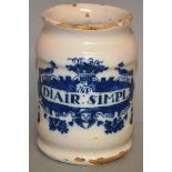 A SMALL DELFT BLUE AND WHITE SPICE JAR, DIOIR SIMPL. 4.5ins high.