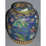 A LARGE CHINESE GINGER JAR AND COVER with an all over pattern of warrior figures and motifs, on a