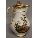 AN 18TH CENTURY MEISSEN PORCELAIN JUG AND COVER painted with scenes after Wouverman. Cross swords