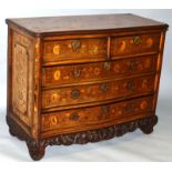 A GOOD 18TH CENTURY SERPENTINE FRONTED MARQUETRY COMMODE “POSSIBLY COLONIAL”, fitted with two