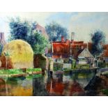 20th Century Dutch School. ‘Volendam’, a River Scene with Houses, Watercolour, Indistinctly Signed