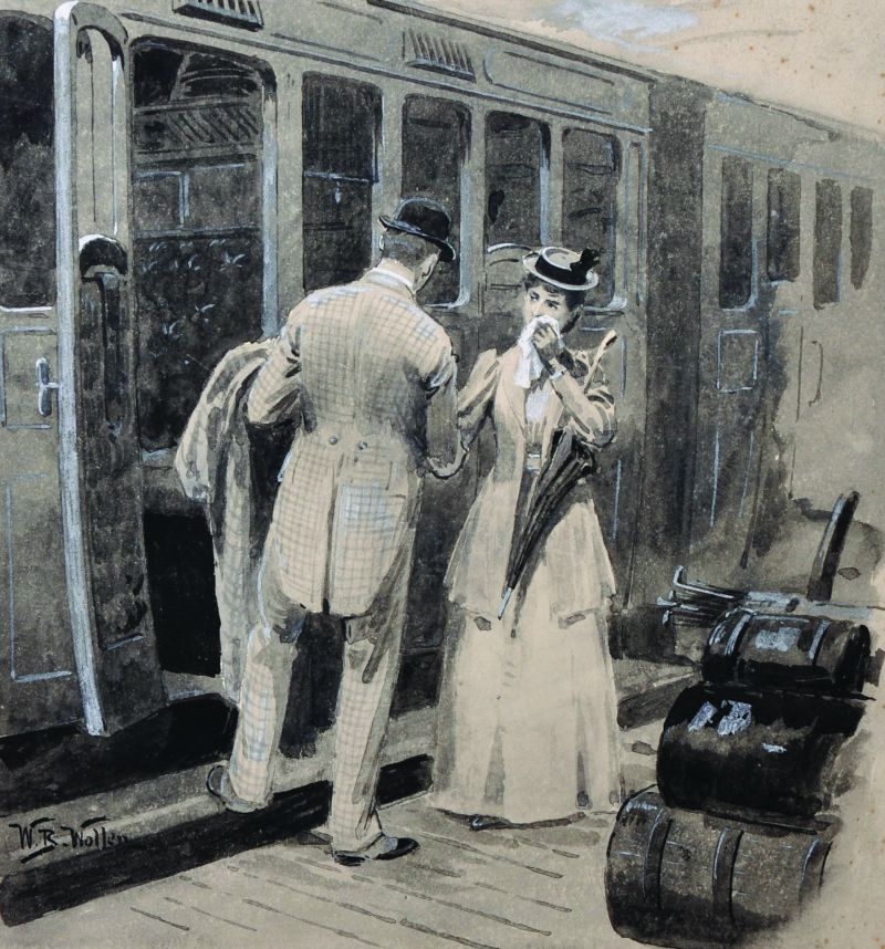 William Barnes Wollen (1857-1936) British. A Couple by a Train, Mixed Media, Unframed, 9” x 8”,