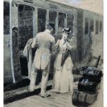 William Barnes Wollen (1857-1936) British. A Couple by a Train, Mixed Media, Unframed, 9” x 8”,