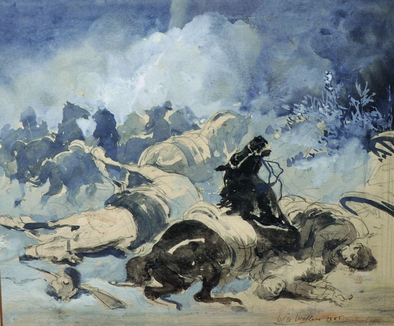 William Barnes Wollen (1857-1936) British. Fallen Horses and Figures after the Battle,