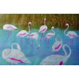 Kay Spink (20th Century) British. ‘Flamingo’s’, Linocut, 12” x 18”.