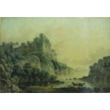 Late 18th Century English School. A Classical River Landscape, with Figures fishing in the