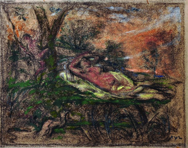 Circle of Pierre-August Renoir (1841-1919) French. A Reclining Nude, Pastel, Unframed, 5” x 7”.