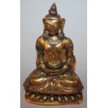 A GOOD 17TH/18TH CENTURY CHINESE GILT COPPER MODEL OF AMITAYUS, seated in dhyanasana on a double