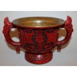 AN UNUSUAL 19TH CENTURY CHINESE GUI FORM CINNABAR LACQUER CENSER, supported on a splayed foot, the