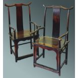 A GOOD PAIR OF 19TH CENTURY CHINESE YOKE BACK ARMCHAIRS, with plain backs and seats on stretched