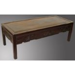 A 19TH CENTURY CHINESE HARDWOOD RECTANGULAR TOP LONG LOW TABLE, with plain top, plain sides and