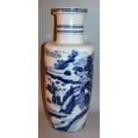 A LARGE 19TH CENTURY CHINESE BLUE & WHITE PORCELAIN ROULEAU VASE, the sides painted with a scene