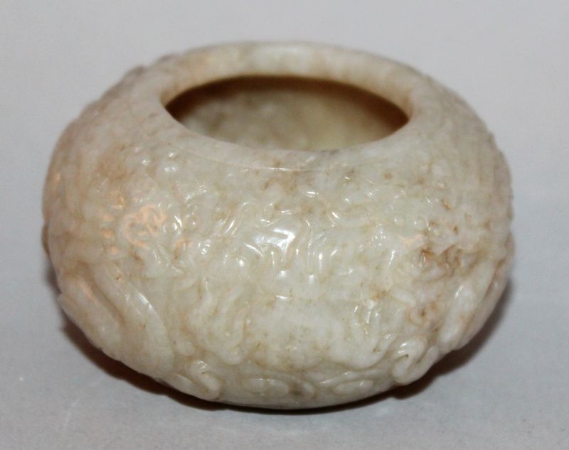 A GOOD QUALITY SMALL CHINESE CELADON JADE WATER POT, the sides decorated in relief with two - Image 2 of 3