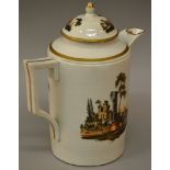 AN 18TH CENTURY GERMAN COFFEE POT AND COVER, well painted with landscapes.