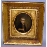 A GEORGIAN HAND PAINTED HALF LENGTH PORTRAIT OF A MAN on copper panel 5ins x 4ins, in a gilt frame.